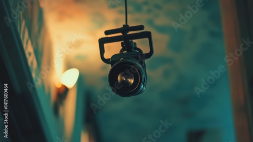 A camera is hanging from the ceiling