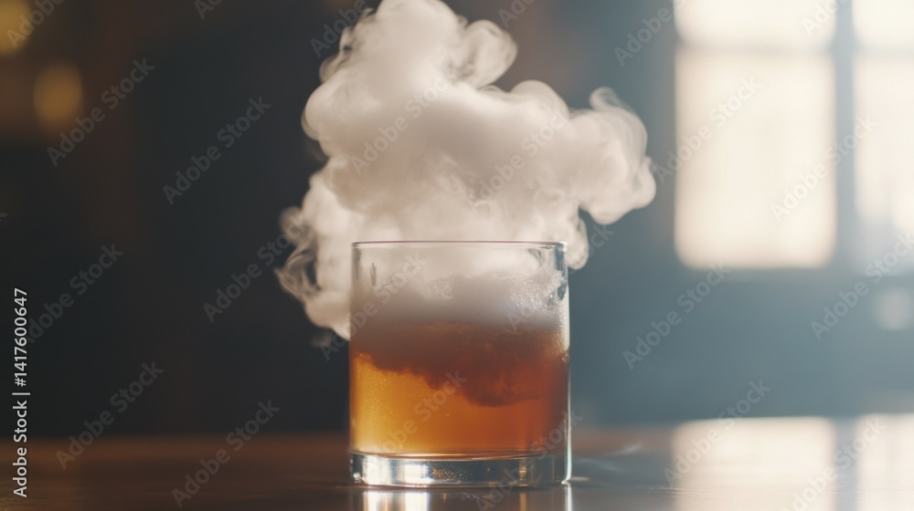 A glass of liquid is on a table with a cloud of smoke rising from it