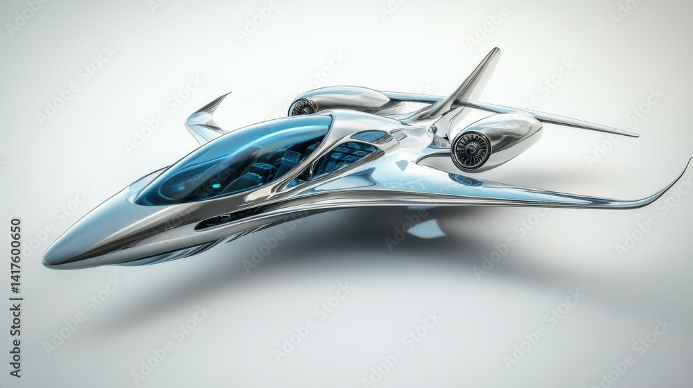 A futuristic airplane with a blue and silver design