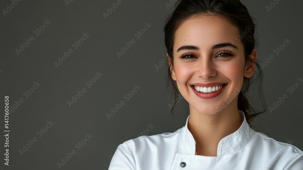 cooking, culinary and people concept - happy smiling female chef in white jacket over grey background