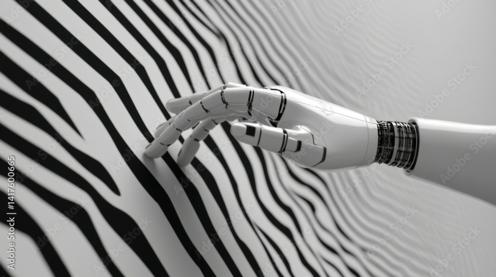 A robot hand is shown in a white color with a black and white background