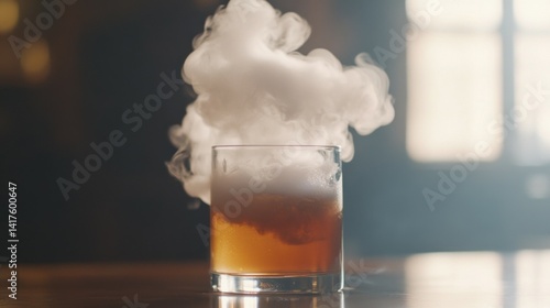 Obraz na płótnie A glass of liquid is on a table with a cloud of smoke rising from it w salonie