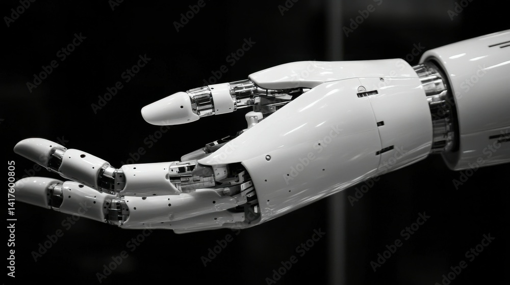 A robot hand is shown in a white color with a black and white background