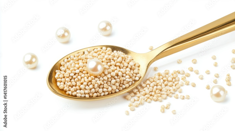Premium Millet Grains and Pearl in Golden Spoon on White Background Concept of Healthy Nourishment