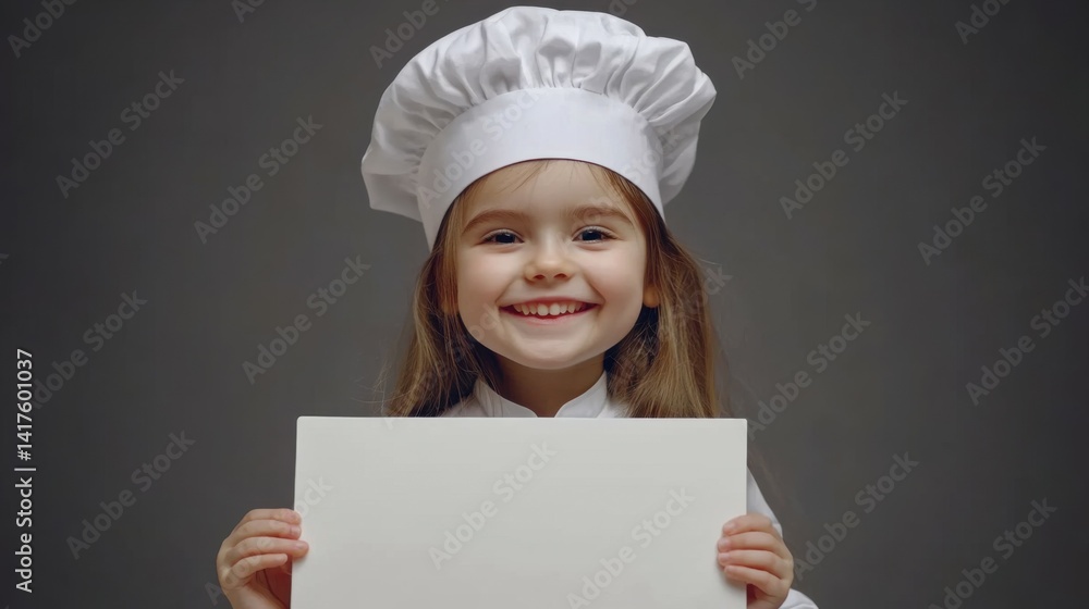 cooking, culinary and profession concept - happy smiling little girl in chef's toque and jacket with white board over grey background