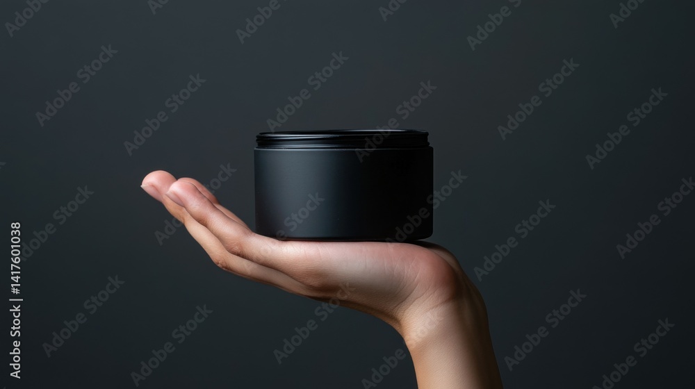 A hand holding a black container