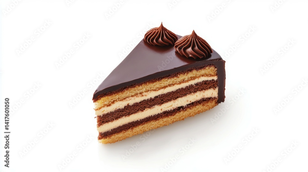 A slice of cake with chocolate frosting and cream filling