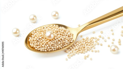 Obraz na płótnie Premium Millet Grains and Pearl in Golden Spoon on White Background Concept of Healthy Nourishment w salonie