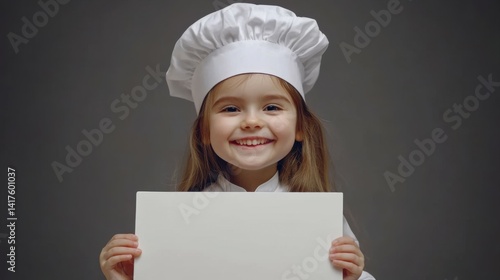 Obraz na płótnie cooking, culinary and profession concept - happy smiling little girl in chef's toque and jacket with white board over grey background w salonie