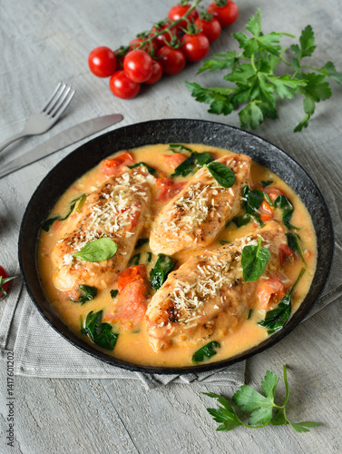 Chicken breast in creamy sauce with tomatoes and spinach