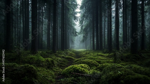 Misty forest path, dark trees