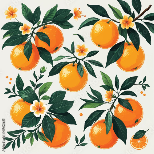Seamless floral vector pattern with orange fruit and leaves, a vibrant nature design for wallpaper and textile