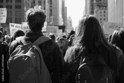 Young caucasian adults at urban protest with backpacks and posters in black and white scene