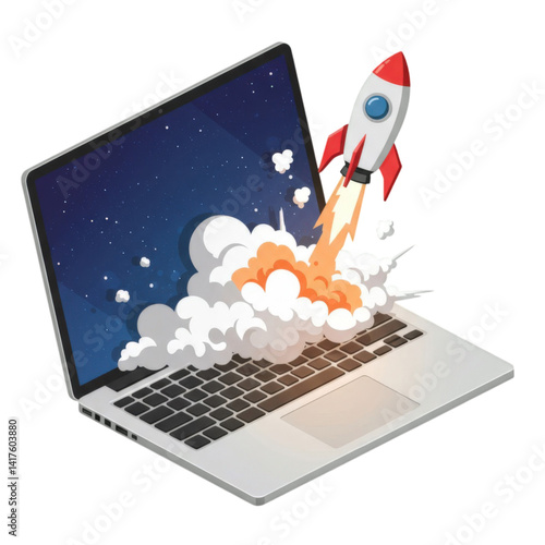 Isometric rocket launch from laptop with smoke, symbol of startup, innovation, tech growth, digital transformation, business boost, creative ideas, future technology. Isolated on white or transparent