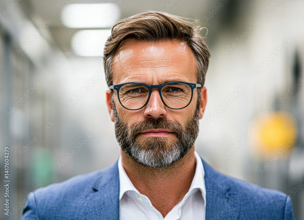 Fototapeta premium Confident man in glasses and a blazer, showcasing a professional appearance in a modern setting.