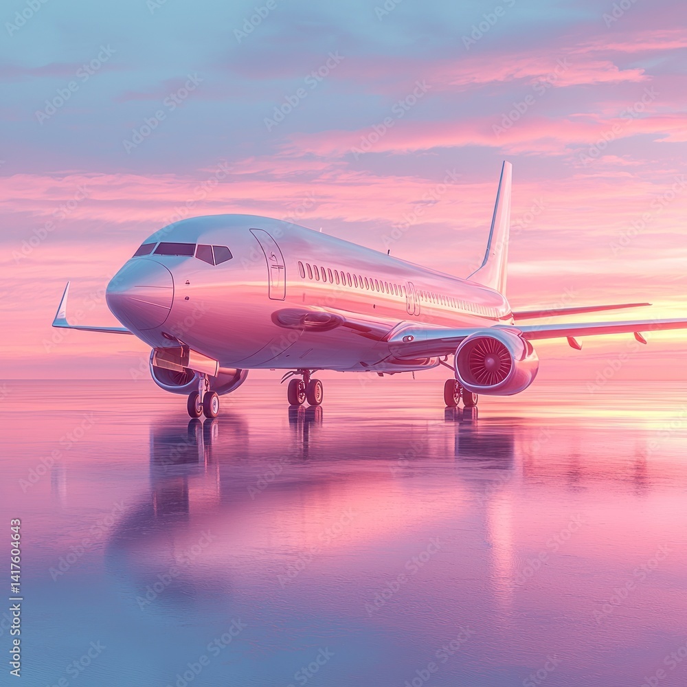 Obraz premium Aviation Dreamscape: Aircraft Reflections in Pastel Skies at Ground Level View