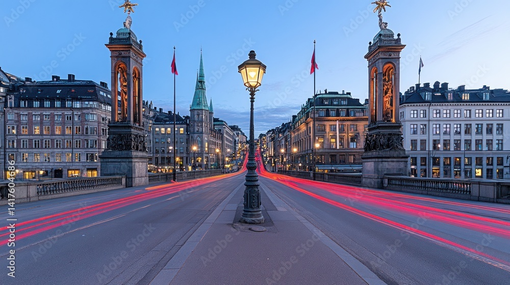 Naklejka premium Stockholm's Breathtaking Bridge at Dusk: A Symphony of Lights and Cityscape