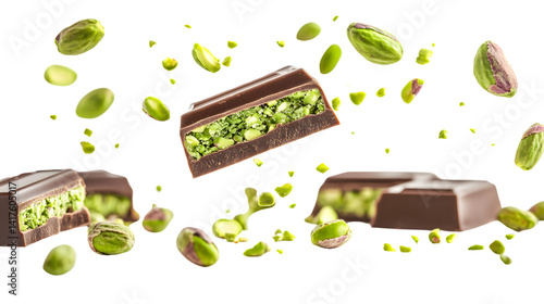 Dubai Chocolate Bars Levitation with Vibrant Green, Creative Food Photography Concept