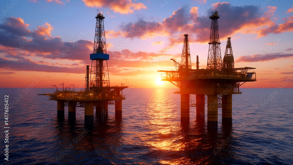Obraz premium Majestic sunset over oil rig and platform