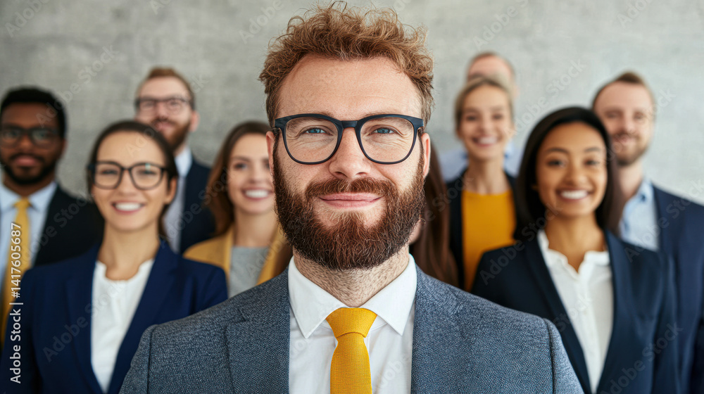 A diverse group of professionals smiling together, with one man in front highlighted by a distinct illustration style. A diverse group of professionals smiling together, with one man in front highlighted by a distinct illustration style.