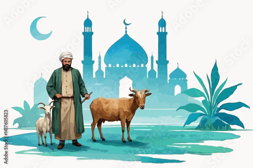 A bearded Muslim man in traditional attire stands solemnly between a white goat and a brown cow, symbolizing the act of Qurbani.