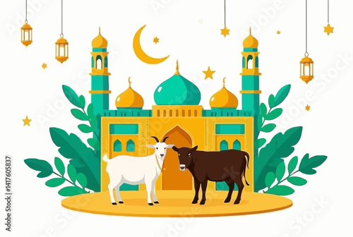 3D illustration captures the spirit of Eid al-Adha with two goats one white and one brown standing in front of a grand mosque featuring green domes and minarets. 