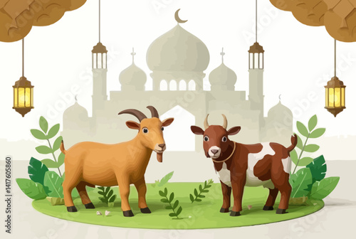 3D illustration captures the spirit of Eid al-Adha with two goats one white and one brown standing in front of a grand mosque featuring green domes and minarets. 