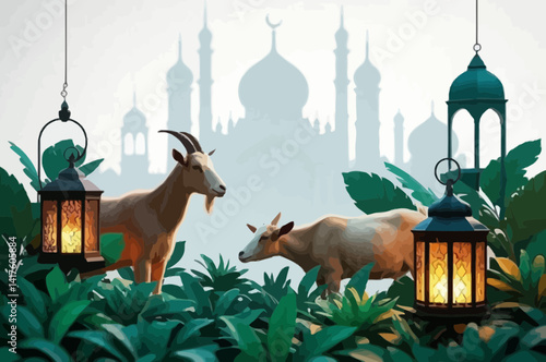 3D illustration captures the spirit of Eid al-Adha with two goats one white and one brown standing in front of a grand mosque featuring green domes and minarets. 