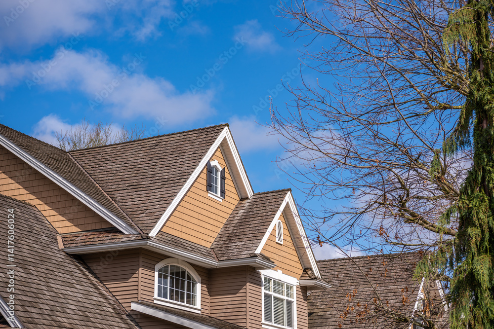 Top of grey stucco luxury house with shingle roof, trees and nice windows in Spring in Vancouver, Canada, North America. Day time on April 2025. Top of grey stucco luxury house with shingle roof, trees and nice windows in Spring in Vancouver, Canada, North America. Day time on April 2025.