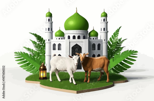 3D illustration captures the spirit of Eid al-Adha with two goats one white and one brown standing in front of a grand mosque featuring green domes and minarets. 