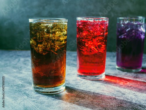 A lot of Soft drinks in colorful and flavorful glasses on the table,Glasses with sweet drinks with ice cubesv