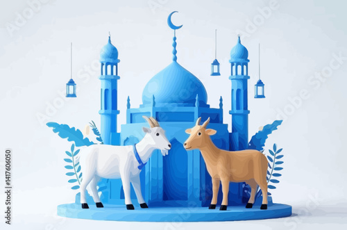 3D illustration captures the spirit of Eid al-Adha with two goats one white and one brown standing in front of a grand mosque featuring green domes and minarets. 