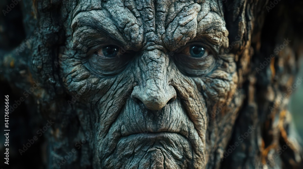 Ancient tree creature with weathered, angry face Ancient tree creature with weathered, angry face