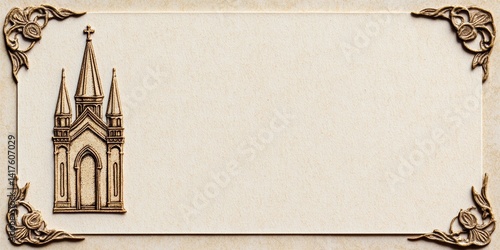 religious greeting card, trinity sunday card featuring classic church illustration, ornate frame, and a parchment-textured space for greeting text