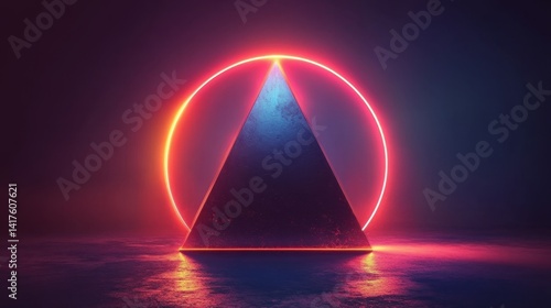 Futuristic Neon Triangle Surrounded by Circle on Abstract Background with Vibrant Colors and Soft Glow Effects