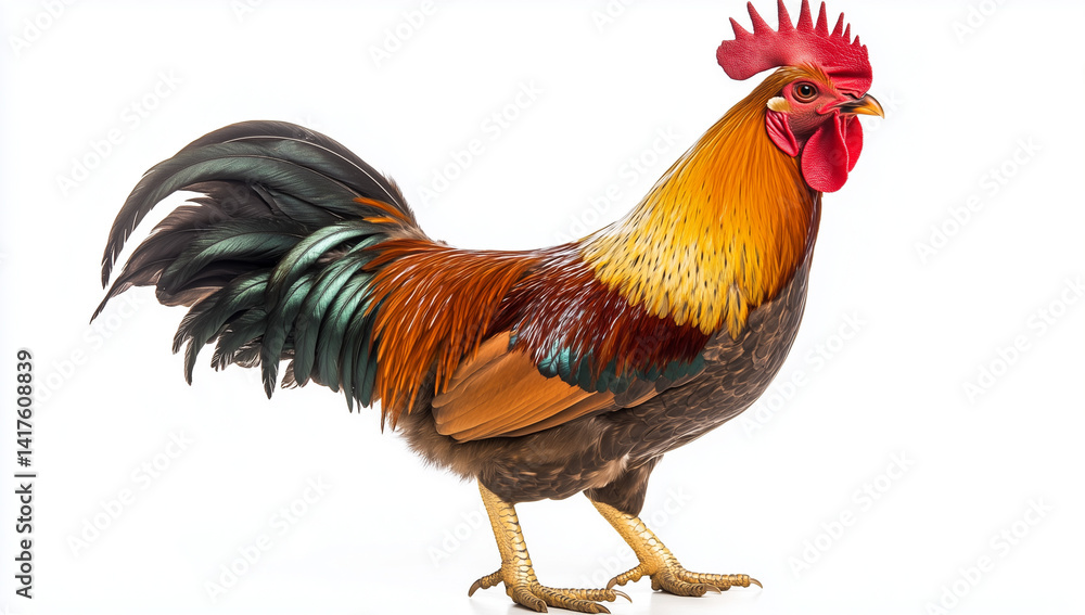 Fototapeta premium Isolated white rooster, a colorful farm bird, stands against a white backdrop showcasing its vibrant feathers and comb