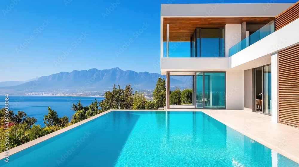 Fototapeta premium Modern villa with infinity pool and mountain view in sunny landscape