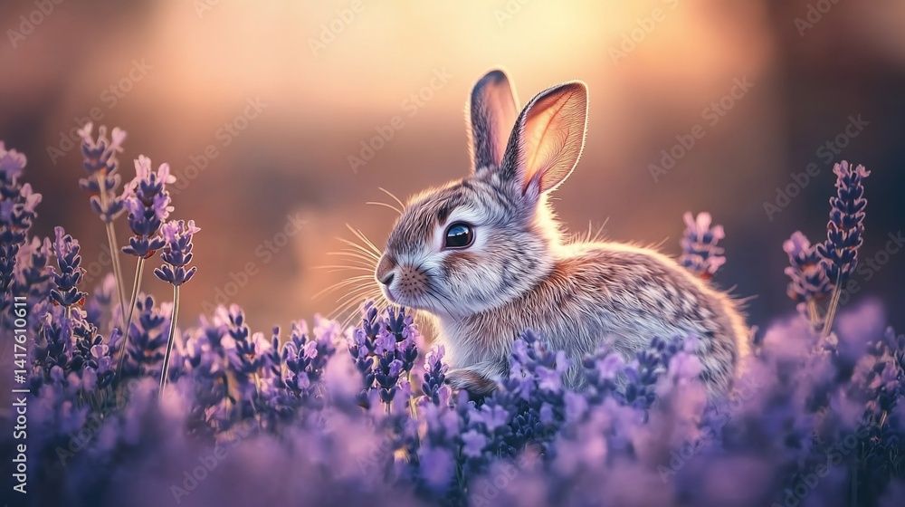 Fototapeta premium Rabbit sitting in lavender field basking in warm sunlight