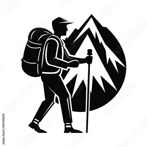 Mountain trekker with backpack on white background