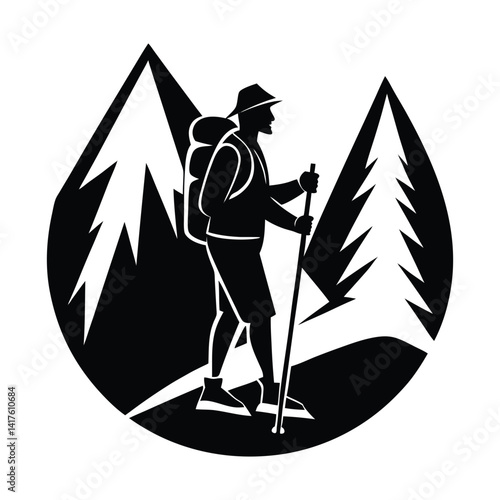 Mountain trekker with backpack on white background