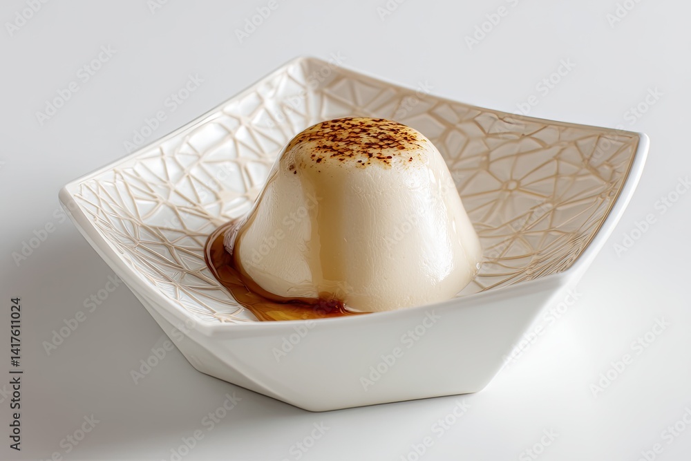 sleek plated mousse in a geometric dish on clean white background