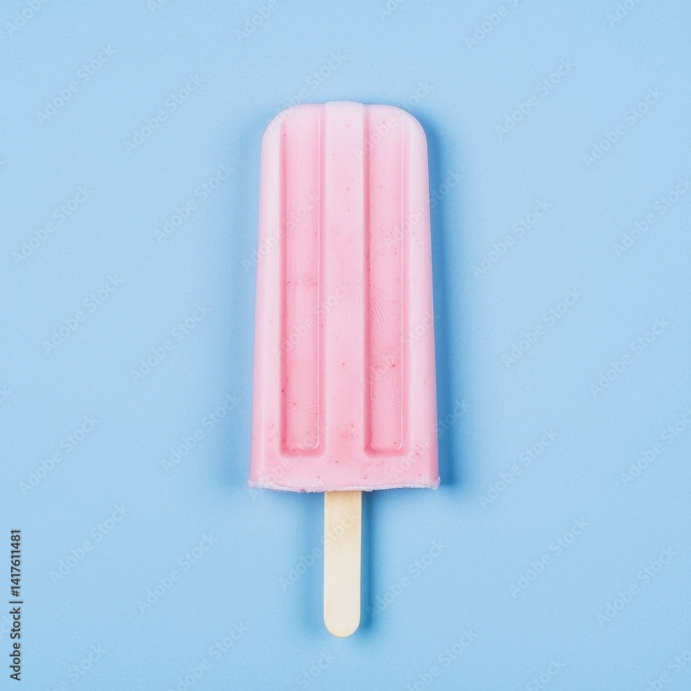 Bright Pink Ice Cream Popsicle on Light Blue Background Bright Pink Ice Cream Popsicle on Light Blue Background