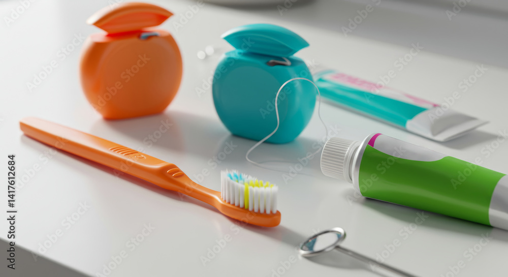 A close-up, brightly illuminated shot of various colorful dental hygiene tools arranged on a clean white countertop. A close-up, brightly illuminated shot of various colorful dental hygiene tools arranged on a clean white countertop.