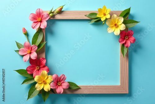 Wallpaper Mural Floral arrangement with spring flowers in a frame on a blue background with empty space, flower arrangement, decorative frame Torontodigital.ca
