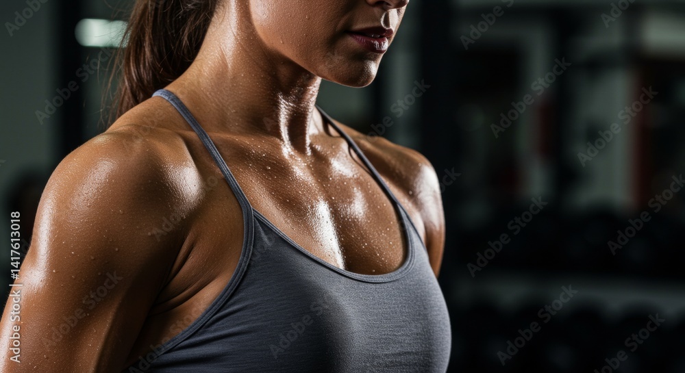 A close-up portrait of a female bodybuilder with toned muscles and a determined expression. Her skin is glistening with sweat, and her hair is pulled back in a ponytail. A close-up portrait of a female bodybuilder with toned muscles and a determined expression. Her skin is glistening with sweat, and her hair is pulled back in a ponytail.