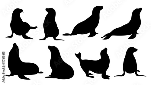 set of sealion silhouette vector on white background