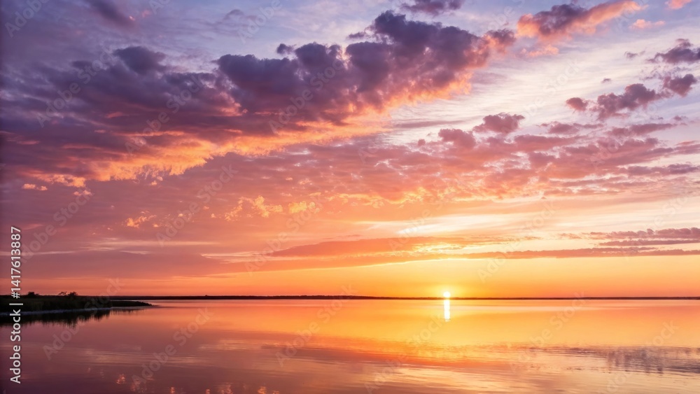 Fototapeta premium Vibrant sunset over calm lake with reflections of sky and clouds in water