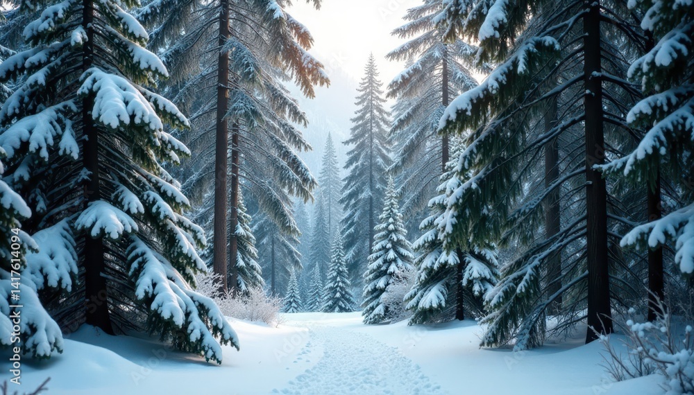 Naklejka premium forest of evergreen trees with snow-covered branches, serene scene, frosty atmosphere
