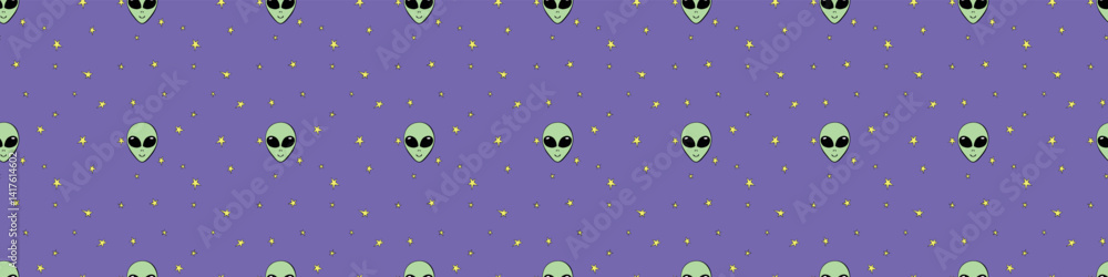 Seamless pattern with Aliens green heads in doodle flat style. Humanoids, visitors, Martians. Vector illustration, wallpaper on theme of space, UFO, conspiracy theory, Sci-fi, fantastic Seamless pattern with Aliens green heads in doodle flat style. Humanoids, visitors, Martians. Vector illustration, wallpaper on theme of space, UFO, conspiracy theory, Sci-fi, fantastic