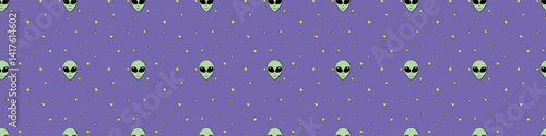 Seamless pattern with Aliens green heads in doodle flat style. Humanoids, visitors, Martians. Vector illustration, wallpaper on theme of space, UFO, conspiracy theory, Sci-fi, fantastic
